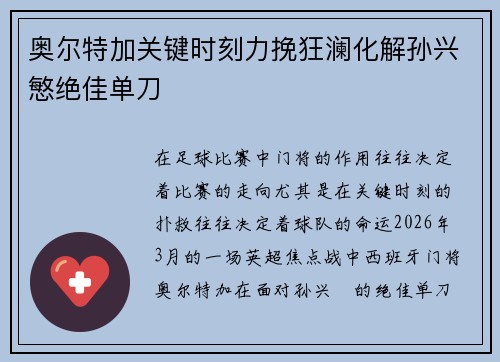 奥尔特加关键时刻力挽狂澜化解孙兴慜绝佳单刀 奥尔特加关键时刻力挽狂澜化解孙兴慜绝佳单刀
